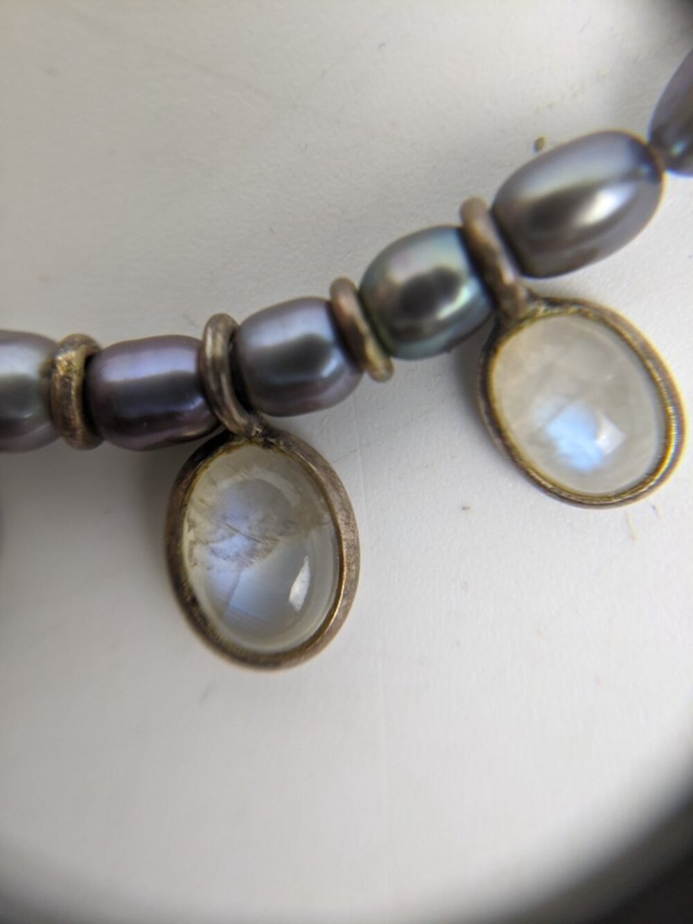Iridescent Pearl & Moonstone Necklace Statement Vintage Teardrop - Picture 7 of 12